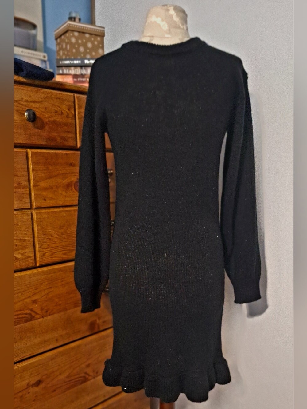 Molly Bracken Black Long Sleeve Knit Dress with Ruffle Hem
